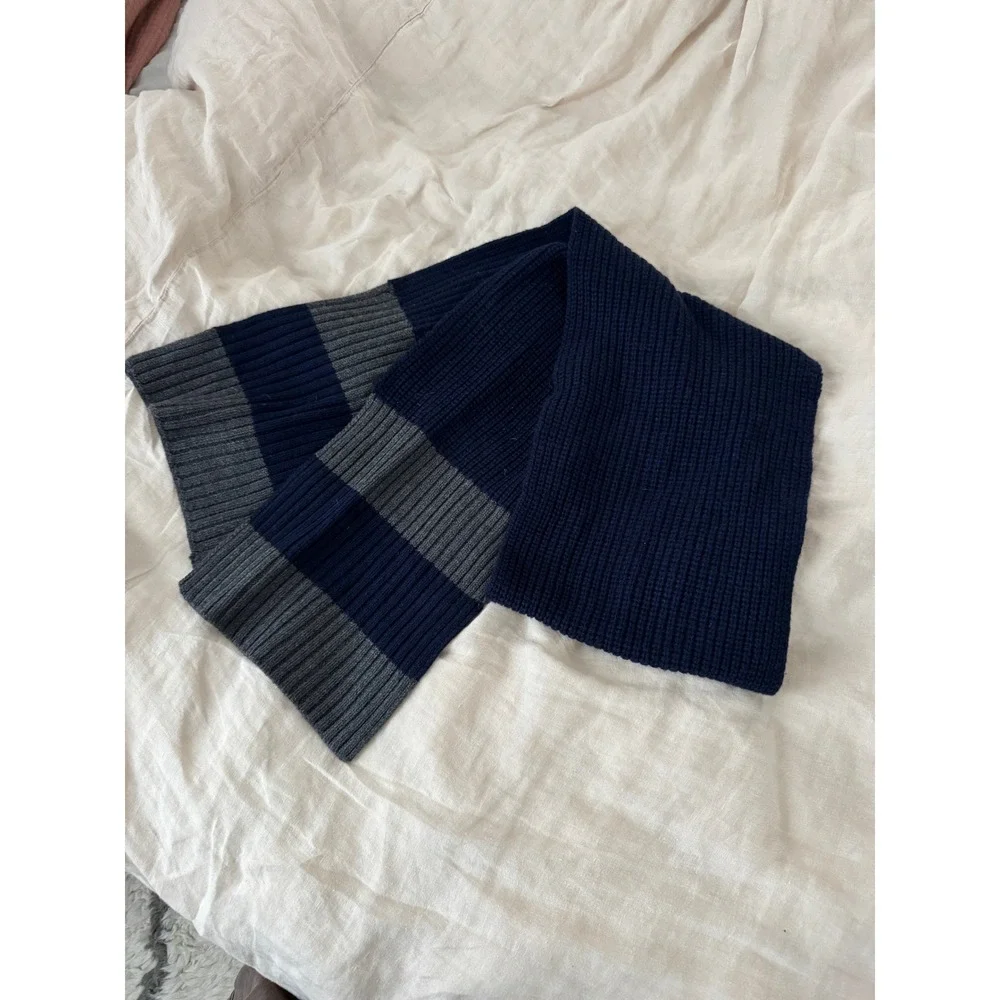 Rag & Bone Navy Blue Grey Striped 100% Merino Wool Ribbed Knit Scarf
